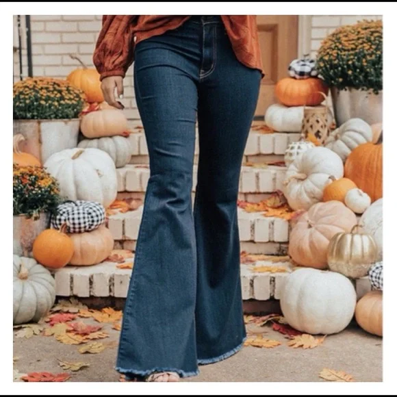 Judy Blue Dark Blue High Waist Super Flare Jeans Frayed Raw Hem Stretch Sz 1/25 - Picture 2 of 14